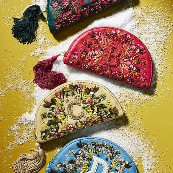 Anthropologie "T" Leather Beaded Monogram Pouch - Picture 3 of 7